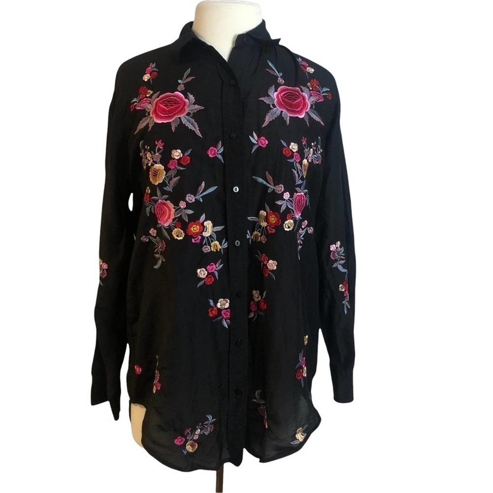 𝅺zara Black Floral Embroidered Button Front Tunic Top Size Small EUC - Picture 3 of 9